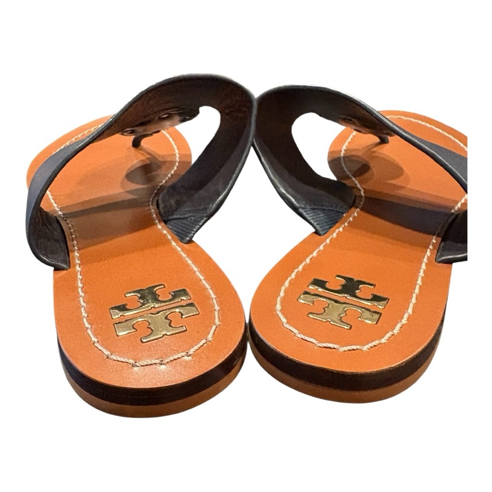 Tory Burch Patos Gold Disk Navy Leather Flat Slide Sandals Size 6.5M SH13 - Picture 5 of 6